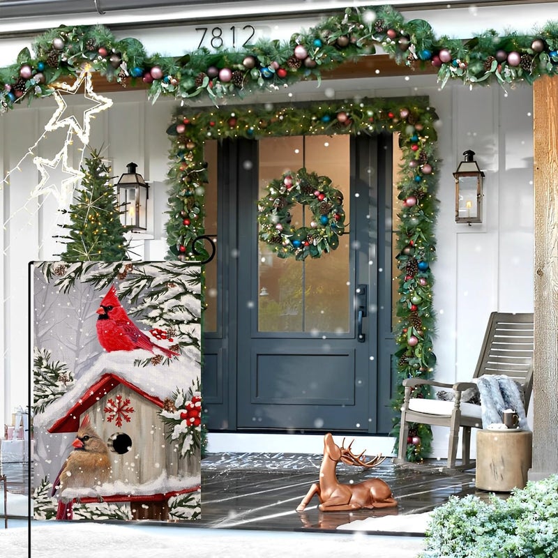 BLKWHT Winter Cardinal Bird Garden Flag 12x18 Vertical Double Sided Trees Snow Christmas Holiday Outside Decorations Burlap Yard Flag BW735 - Image 3